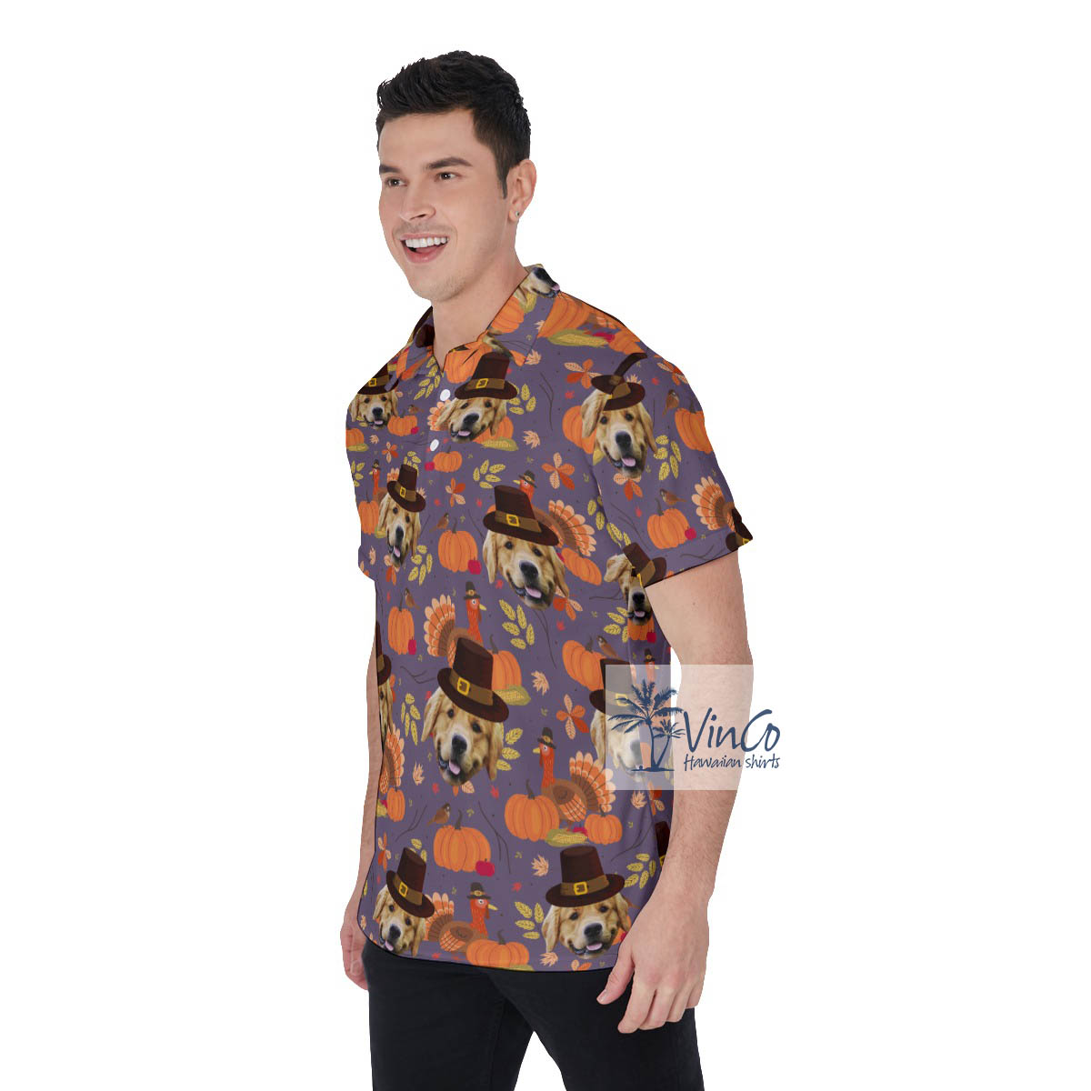 Funny Custom Dog Face Thanksgiving Hawaiian Polo Shirt