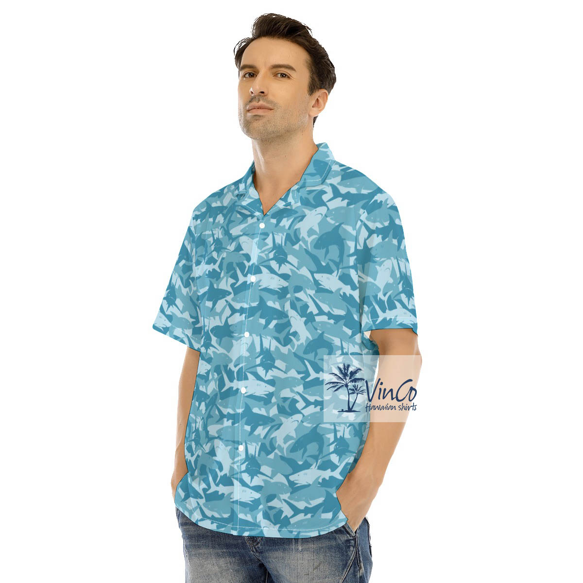 Shark Print Hawaiian Button Up Shirt For Men