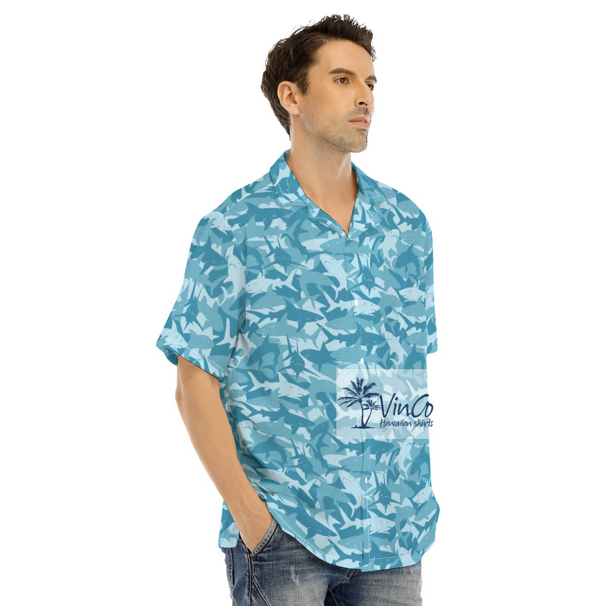 Shark Print Hawaiian Button Up Shirt For Men