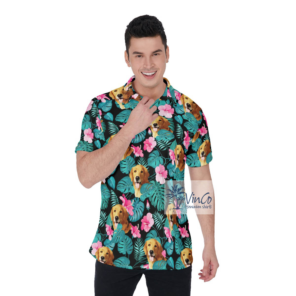 Funny Custom Dog Face Tropical Hibiscus Hawaiian Polo Shirt - variant image 1