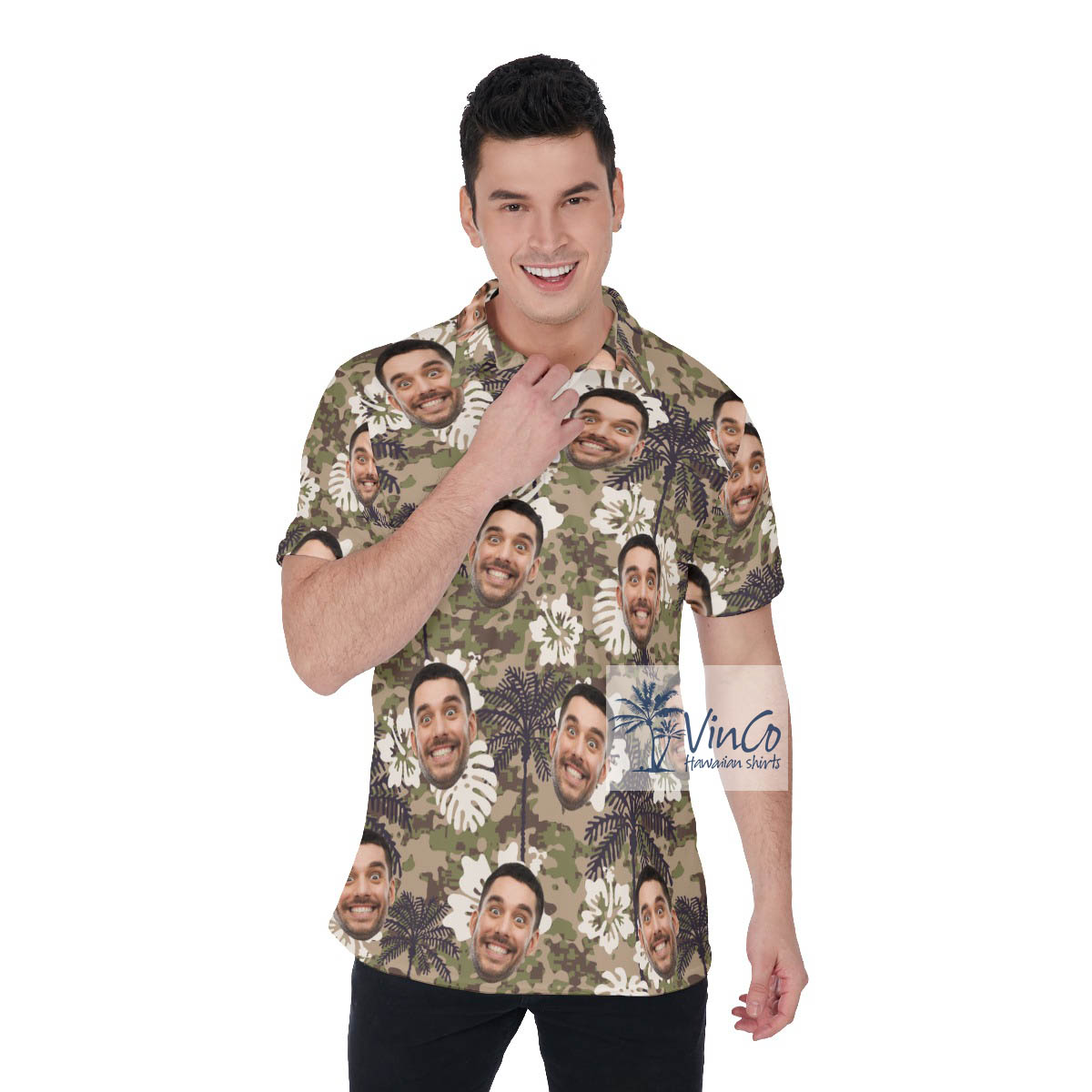 Funny Custom Face Camo Palm Tree Hibiscus Hawaiian Polo Shirt - variant image 1