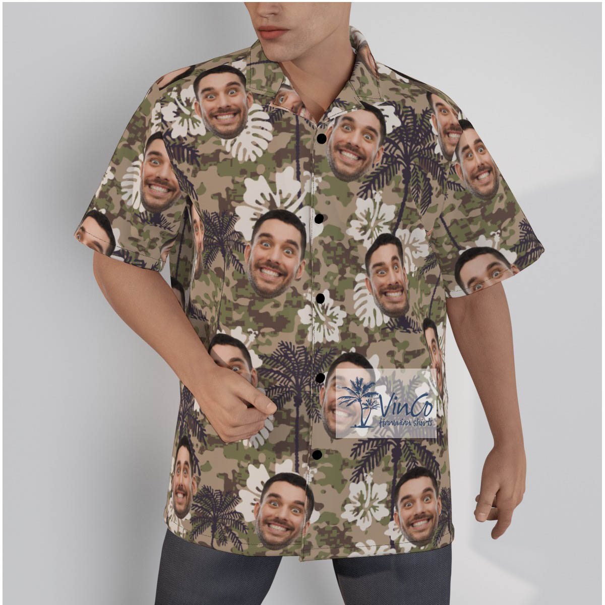 Hibiscus Palm Tree Camouflage Custom Face Hawaiian Shirt - variant image 1