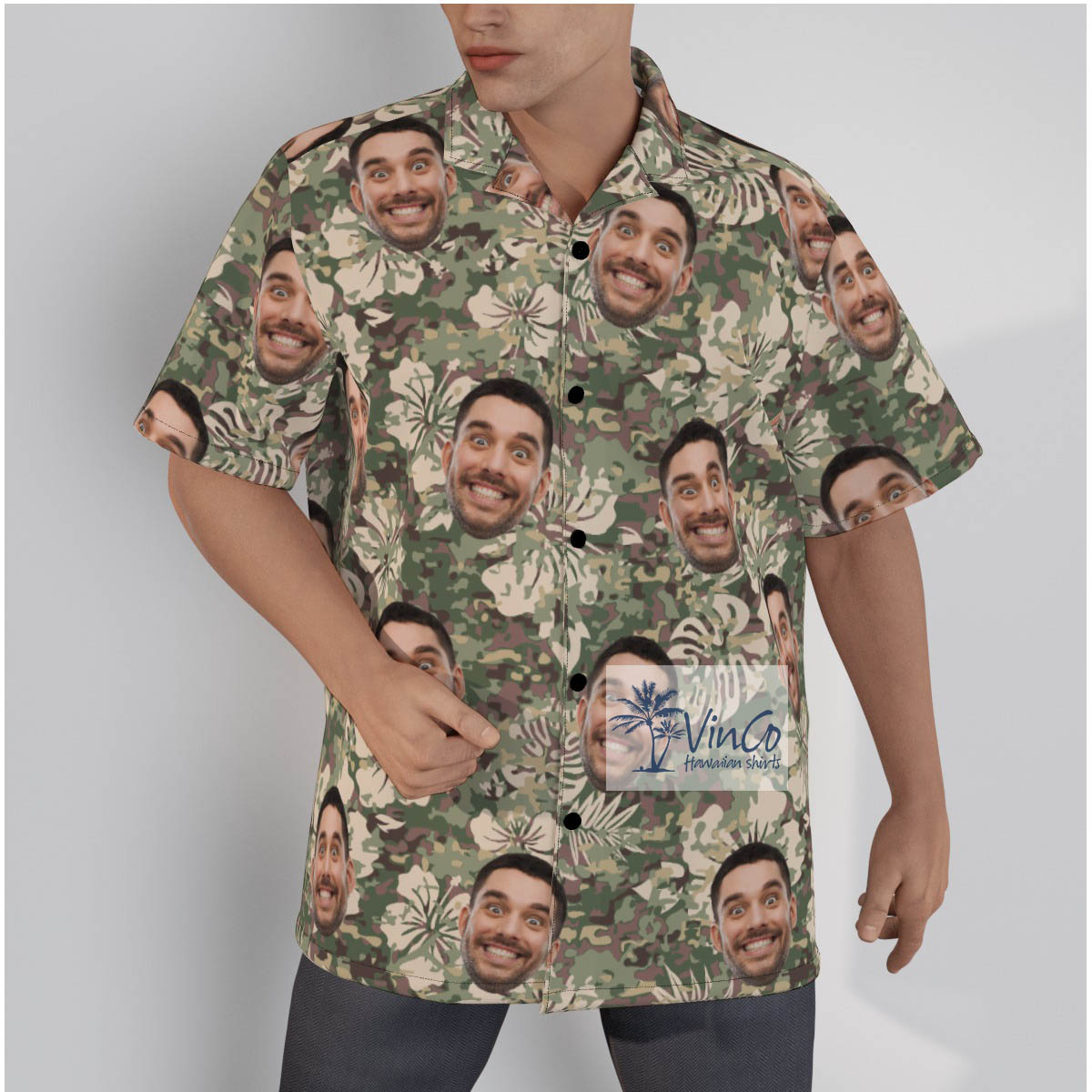 Funny Custom Face Green Camoflage Hibiscus Hawaiian Shirt - variant image 1