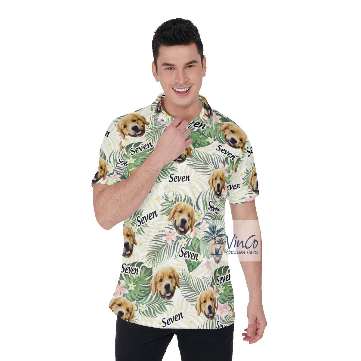 Custom Floral Hawaiian Polo Shirt With Dog Face And Name - variant image 1