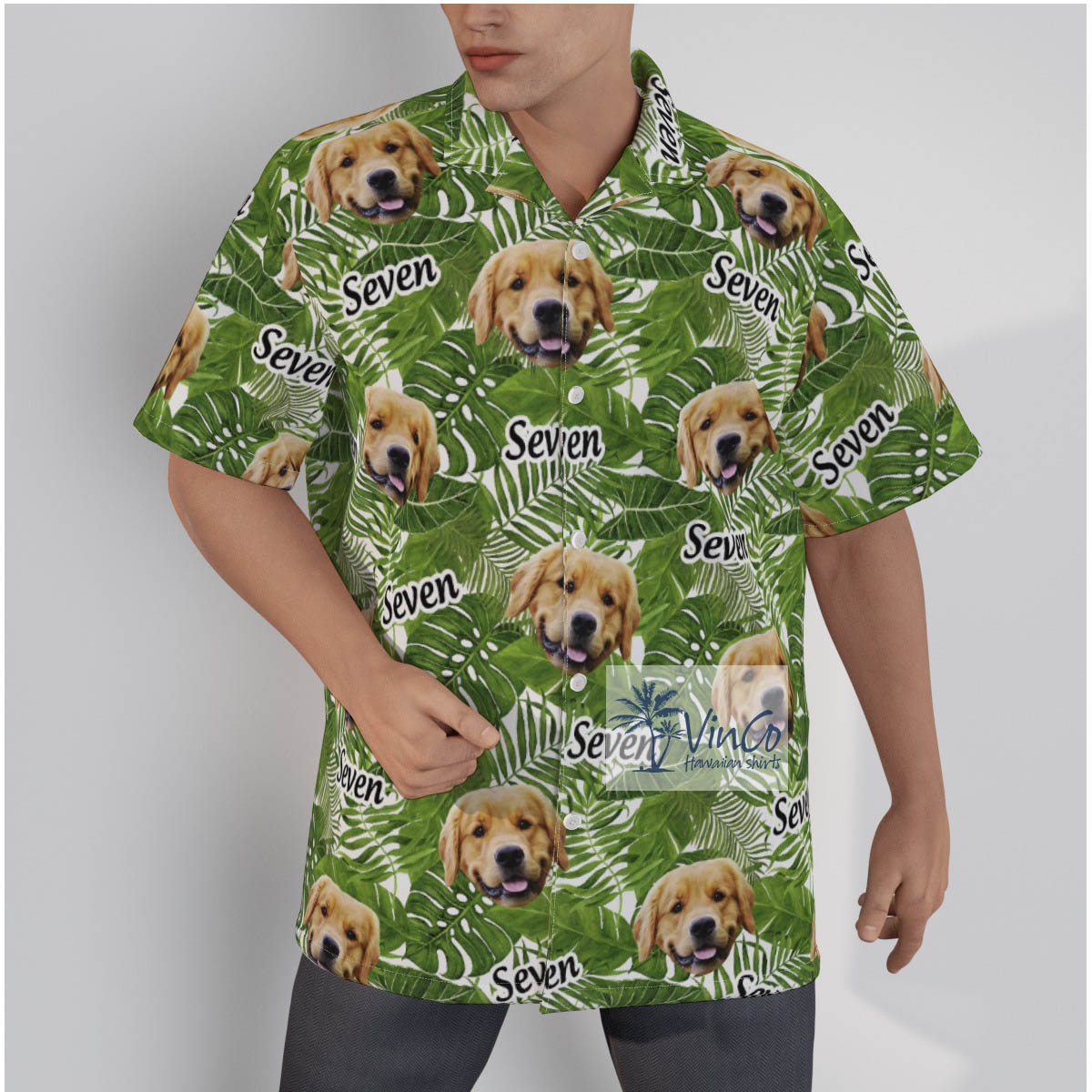 Custom Tropical Leaves Green Hawaiian Shirt With Dog Face And Name - variant image 1