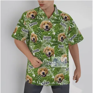 Custom Tropical Leaves Green Hawaiian Shirt With Dog Face And Name