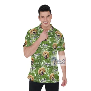Custom Face And Name Tropical Green Hawaiian Polo Shirt