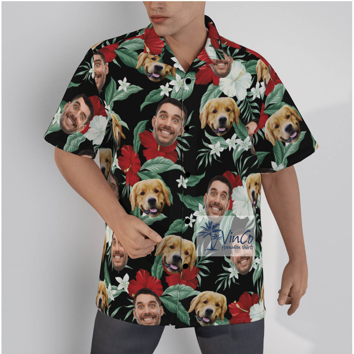 Personalized Pet Face Hawaiian Button Up Shirt Mens - variant image 1