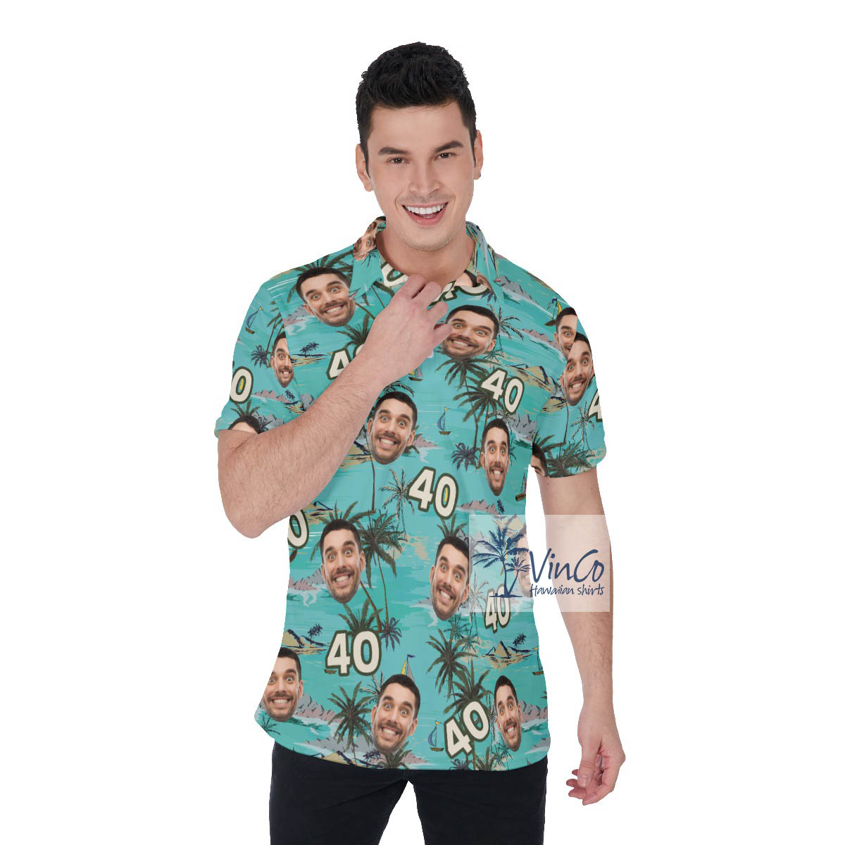 Custom Face Birthday Tropical Palm Trees Hawaiian Polo Golf Shirt - variant image 1