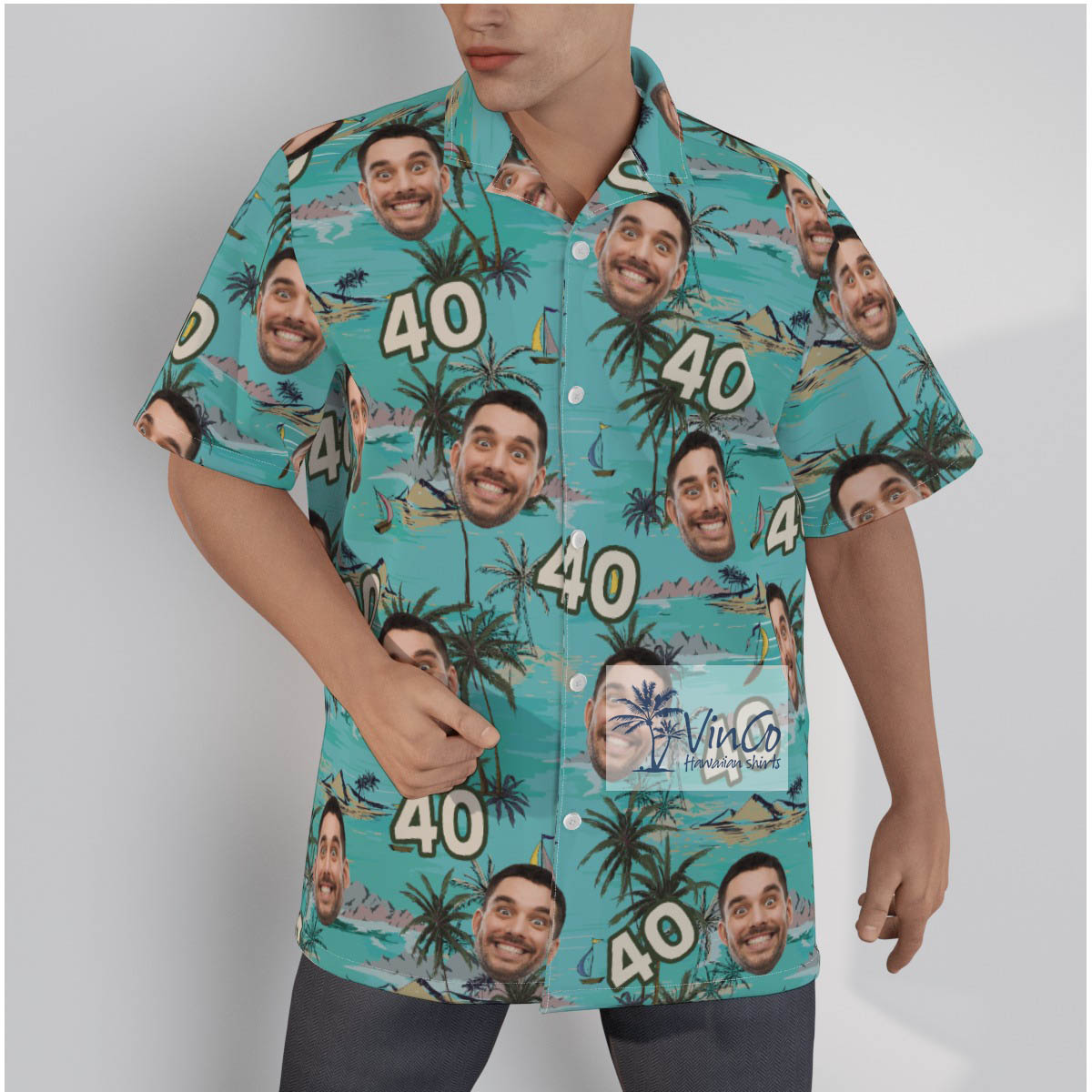 Blue Tropical Island Custom Face Birthday Hawaiian Shirt - variant image 1
