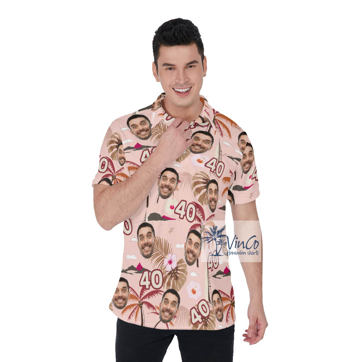 Custom Face Birthday Floral Pink Hawaiian Polo Shirt - variant image 1