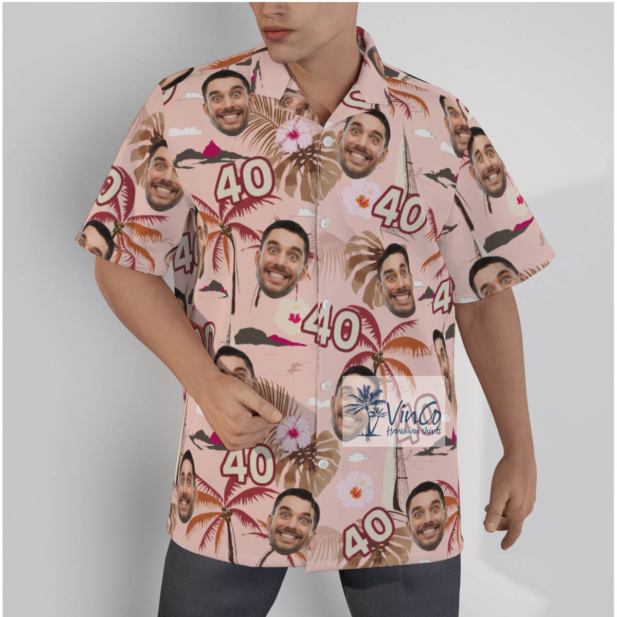 Pink Tropical Palm Trees Custom Face And Age Birthday Hawaiian Shirt - variant image 1