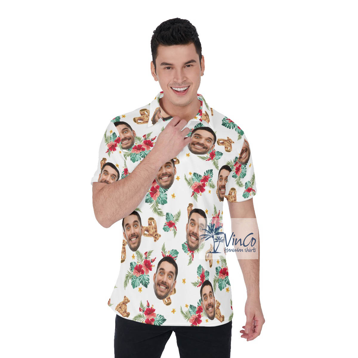 Cute Bear Hibiscus Custom Face Hawaiian Polo Shirt For Men - variant image 1