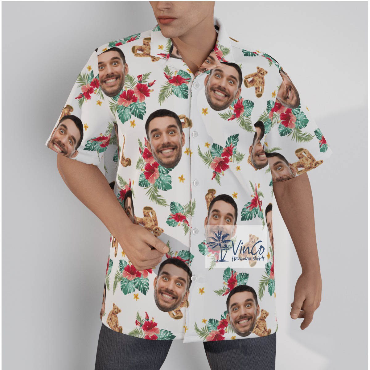 Custom Face Cute Bear Hibiscus Hawaiian Shirt - variant image 1