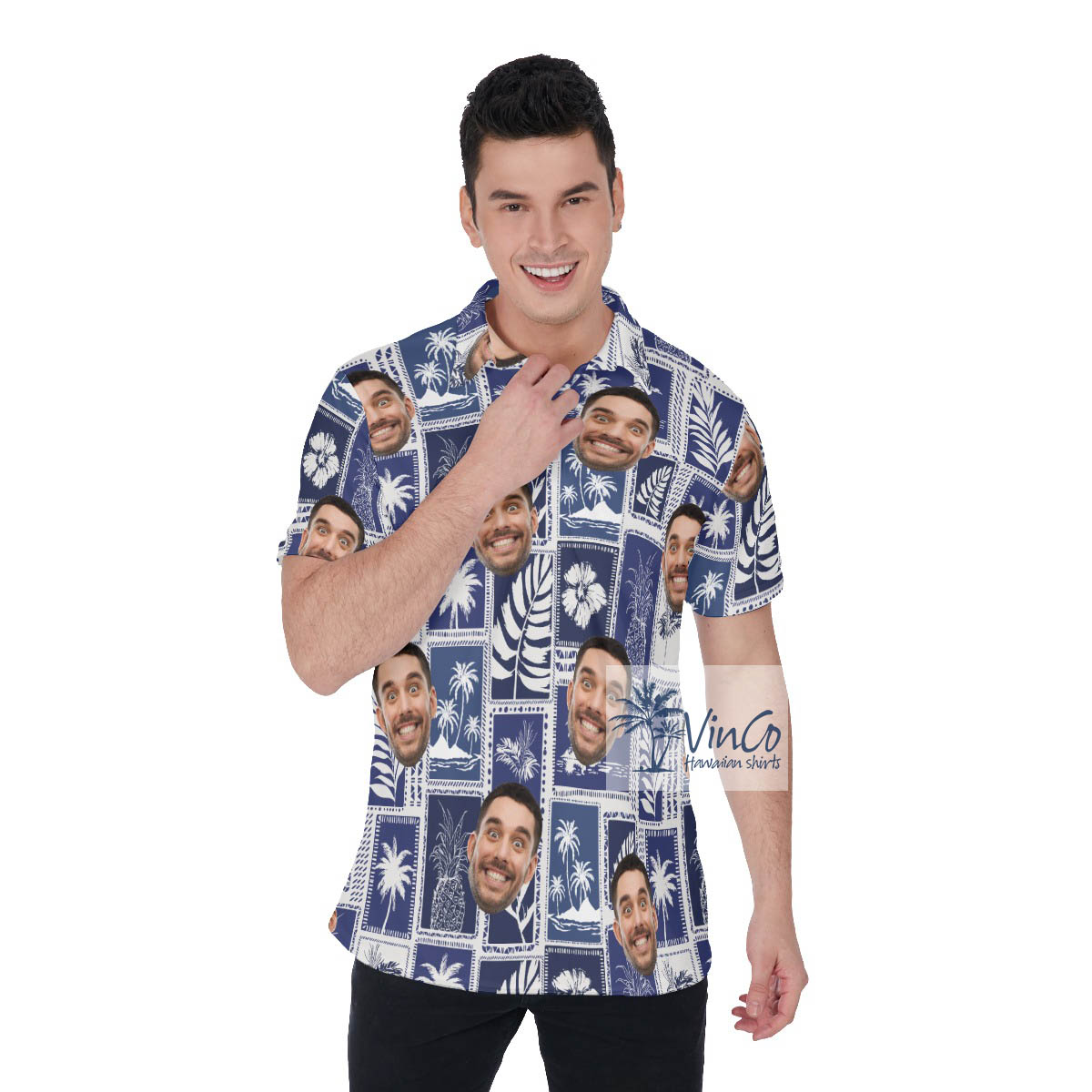 Custom Tropical Palm Trees Blue Hawaiian Polo Shirt With Face - variant image 1