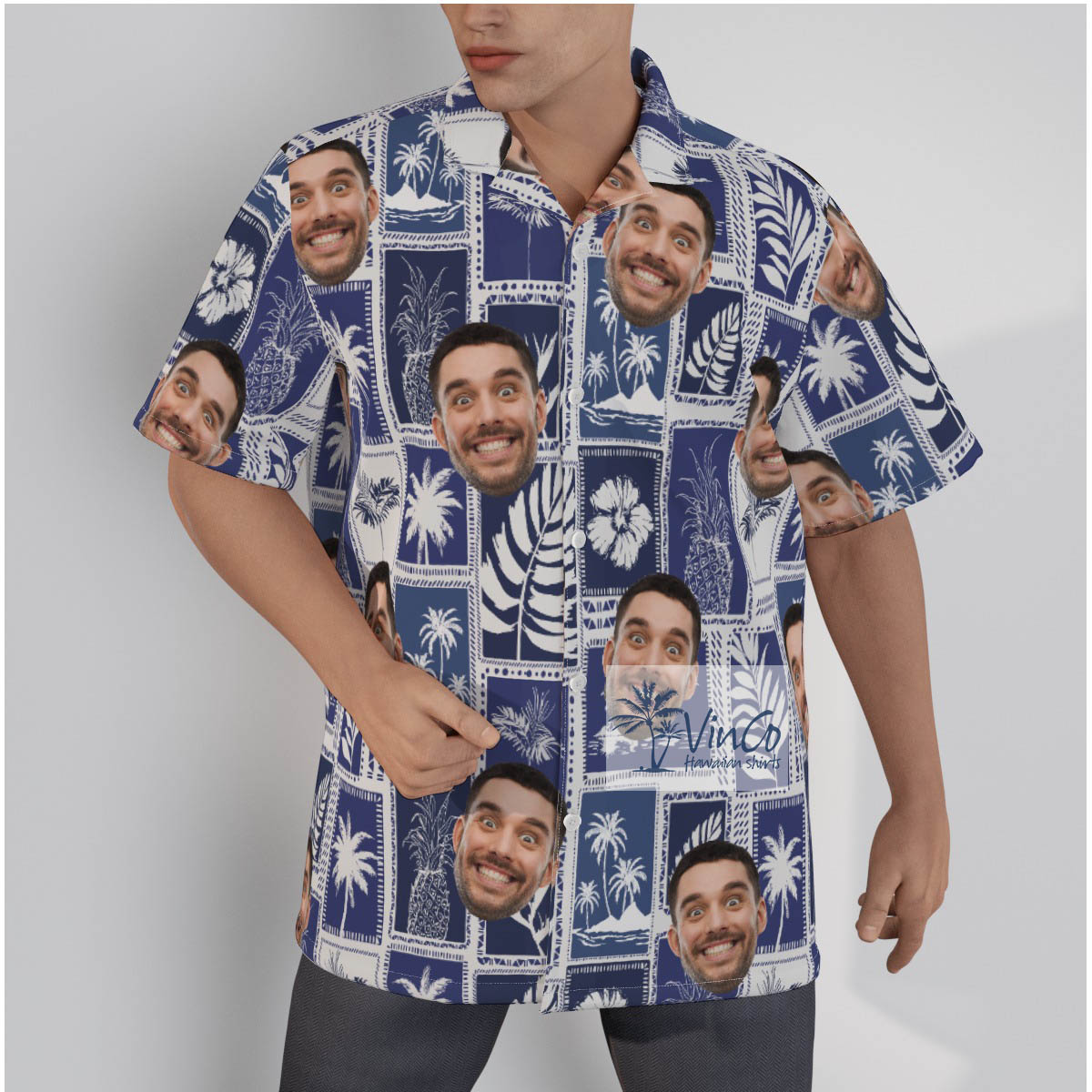 Blue Tropical Palm Trees Custom Face Hawaiian Shirt - variant image 1