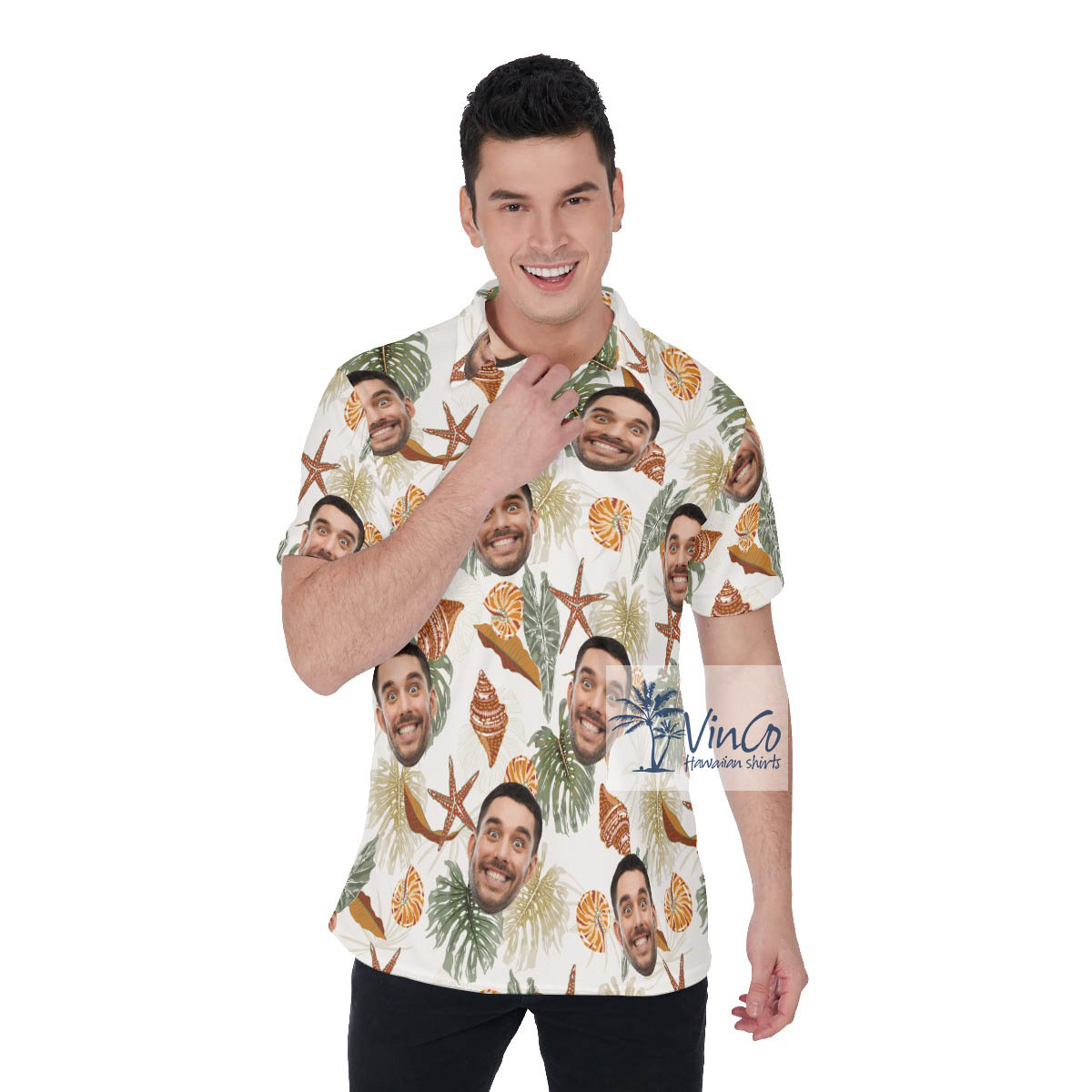 Custom Tropical Sea Star And Seashell Custom Face Hawaiian Polo Shirt - variant image 1