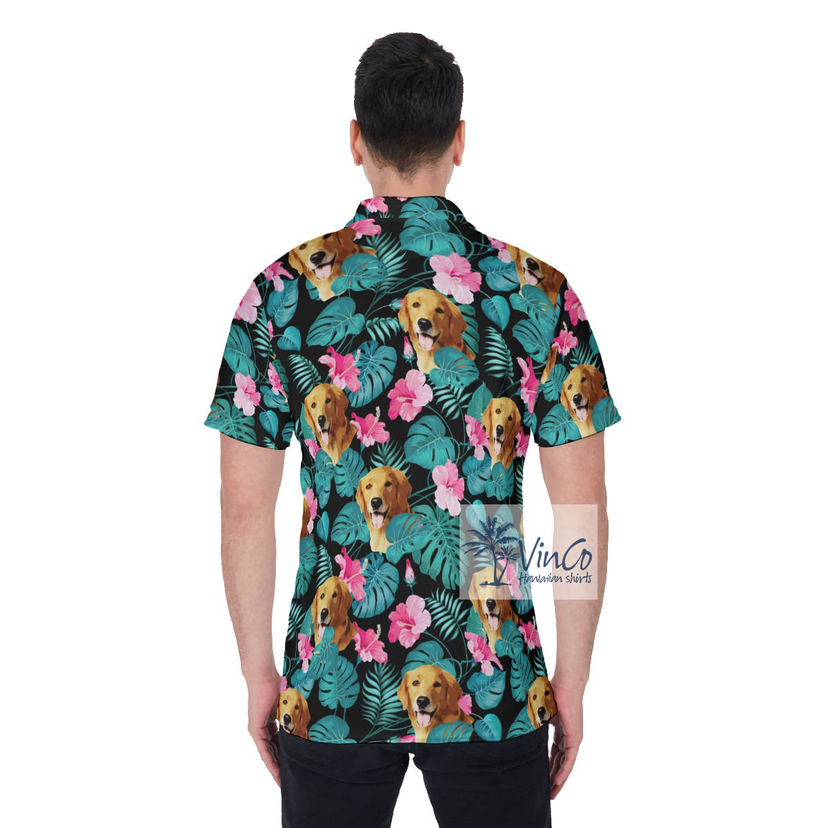 Funny Custom Dog Face Tropical Hibiscus Hawaiian Polo Shirt