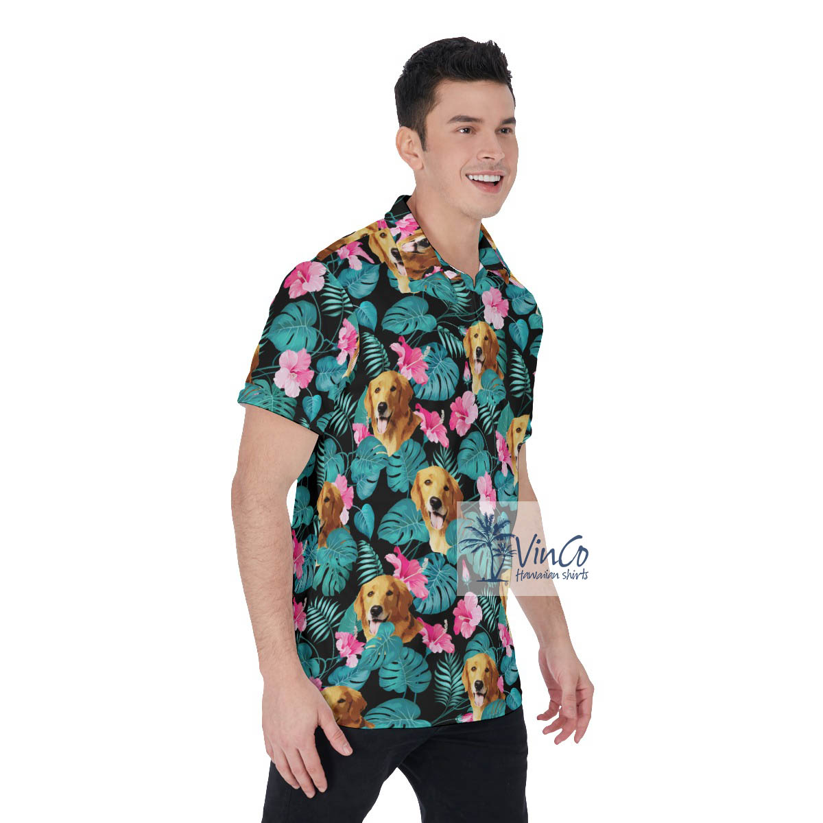 Funny Custom Dog Face Tropical Hibiscus Hawaiian Polo Shirt