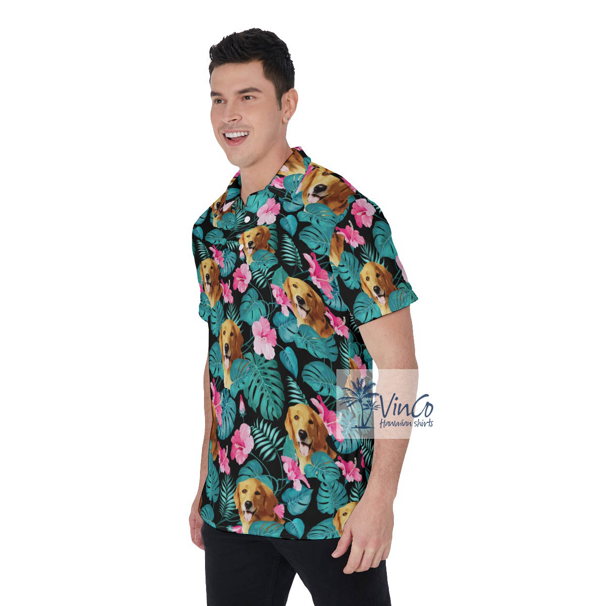 Funny Custom Dog Face Tropical Hibiscus Hawaiian Polo Shirt