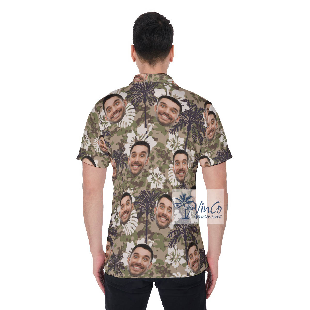 Funny Custom Face Camo Palm Tree Hibiscus Hawaiian Polo Shirt