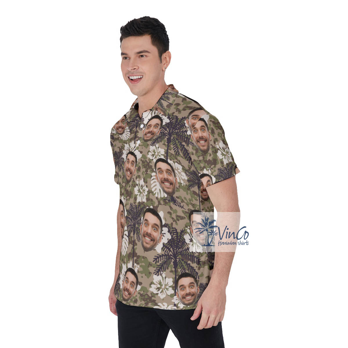 Funny Custom Face Camo Palm Tree Hibiscus Hawaiian Polo Shirt