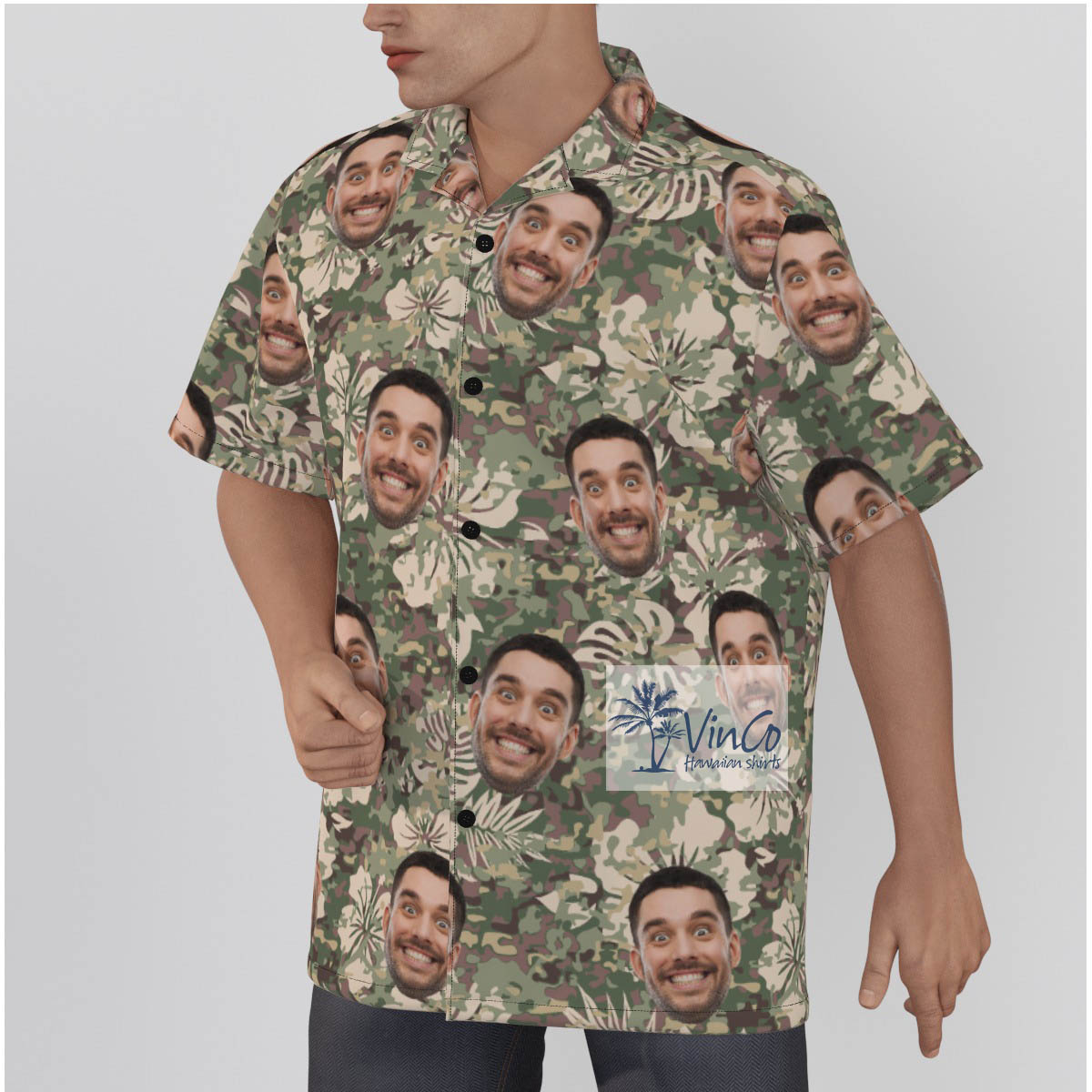 Funny Custom Face Green Camoflage Hibiscus Hawaiian Shirt