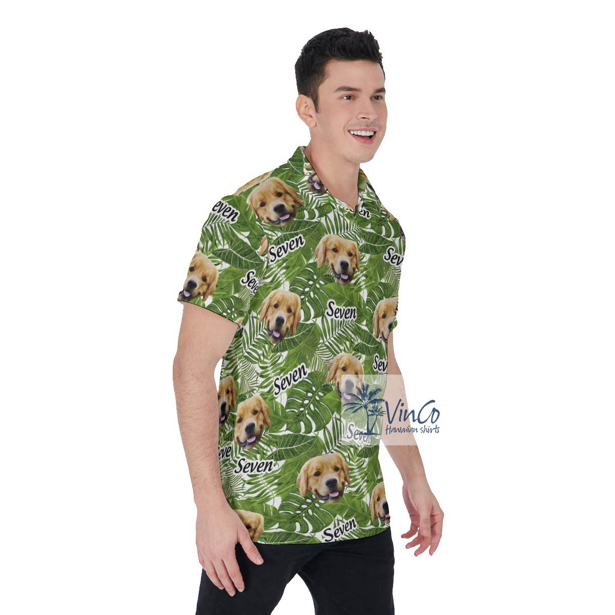 Custom Face And Name Tropical Green Hawaiian Polo Shirt