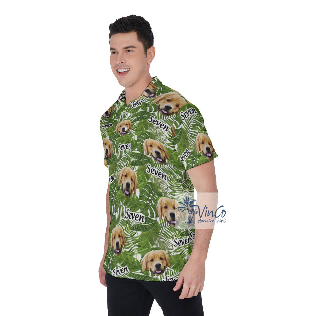 Custom Face And Name Tropical Green Hawaiian Polo Shirt
