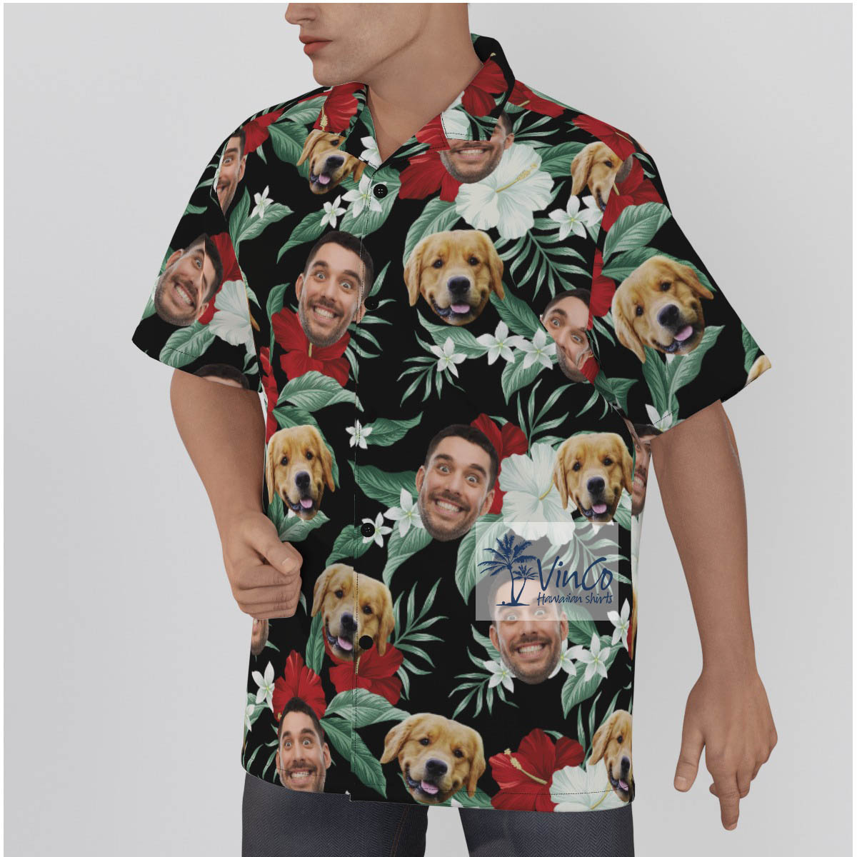 Personalized Pet Face Hawaiian Button Up Shirt Mens