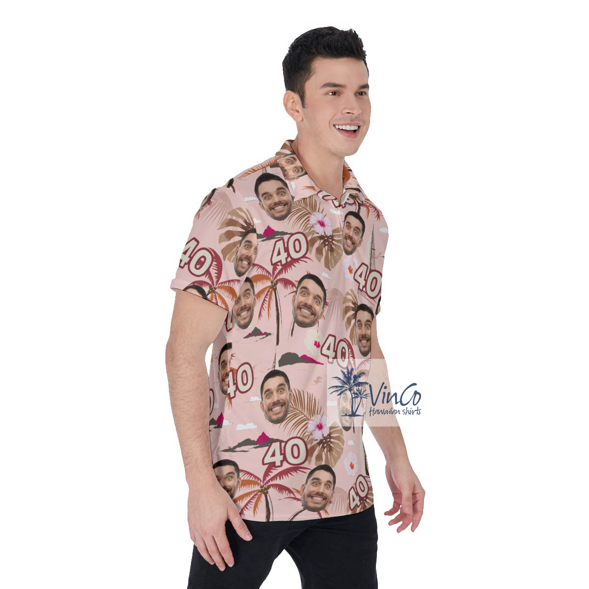 Custom Face Birthday Floral Pink Hawaiian Polo Shirt