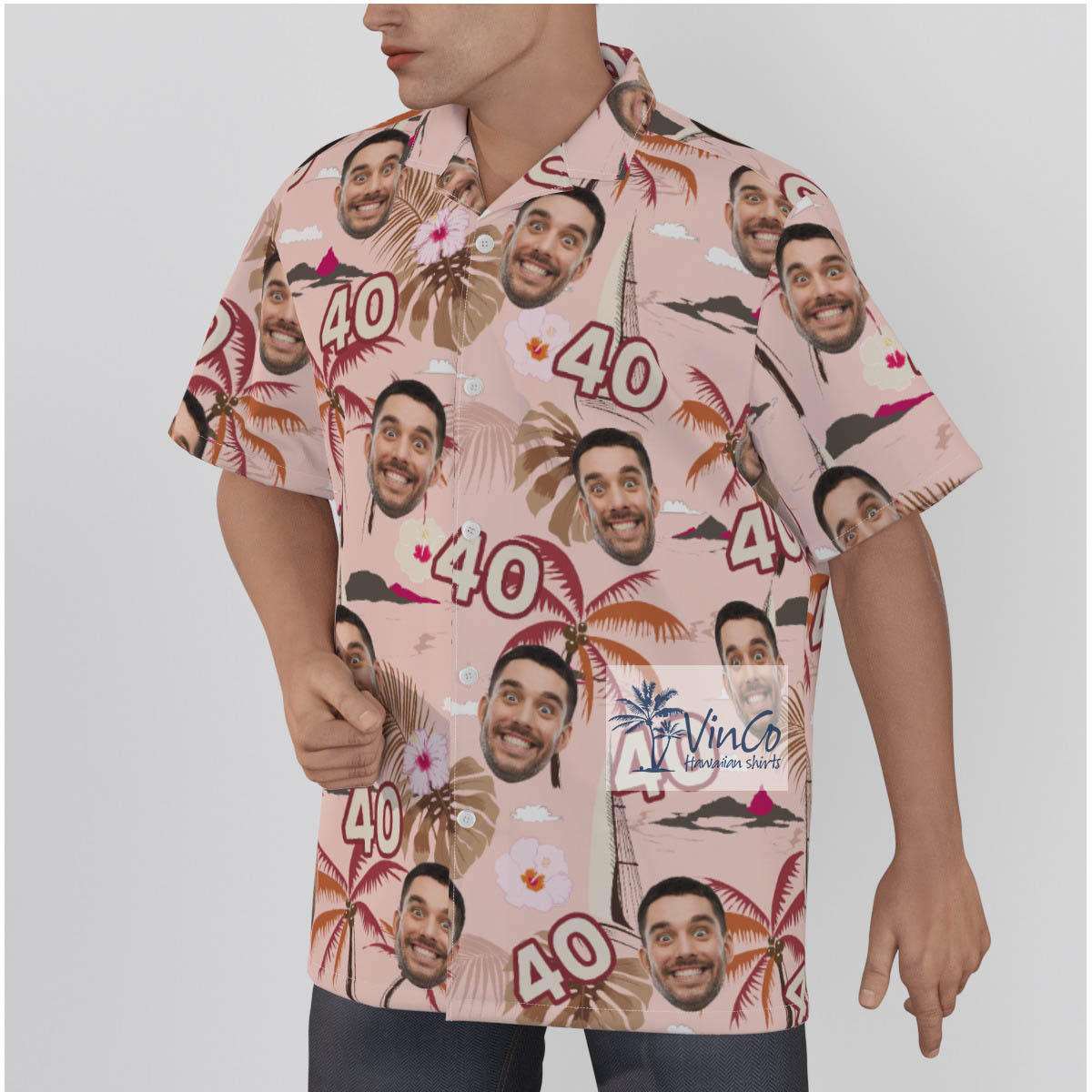 Pink Tropical Palm Trees Custom Face And Age Birthday Hawaiian Shirt
