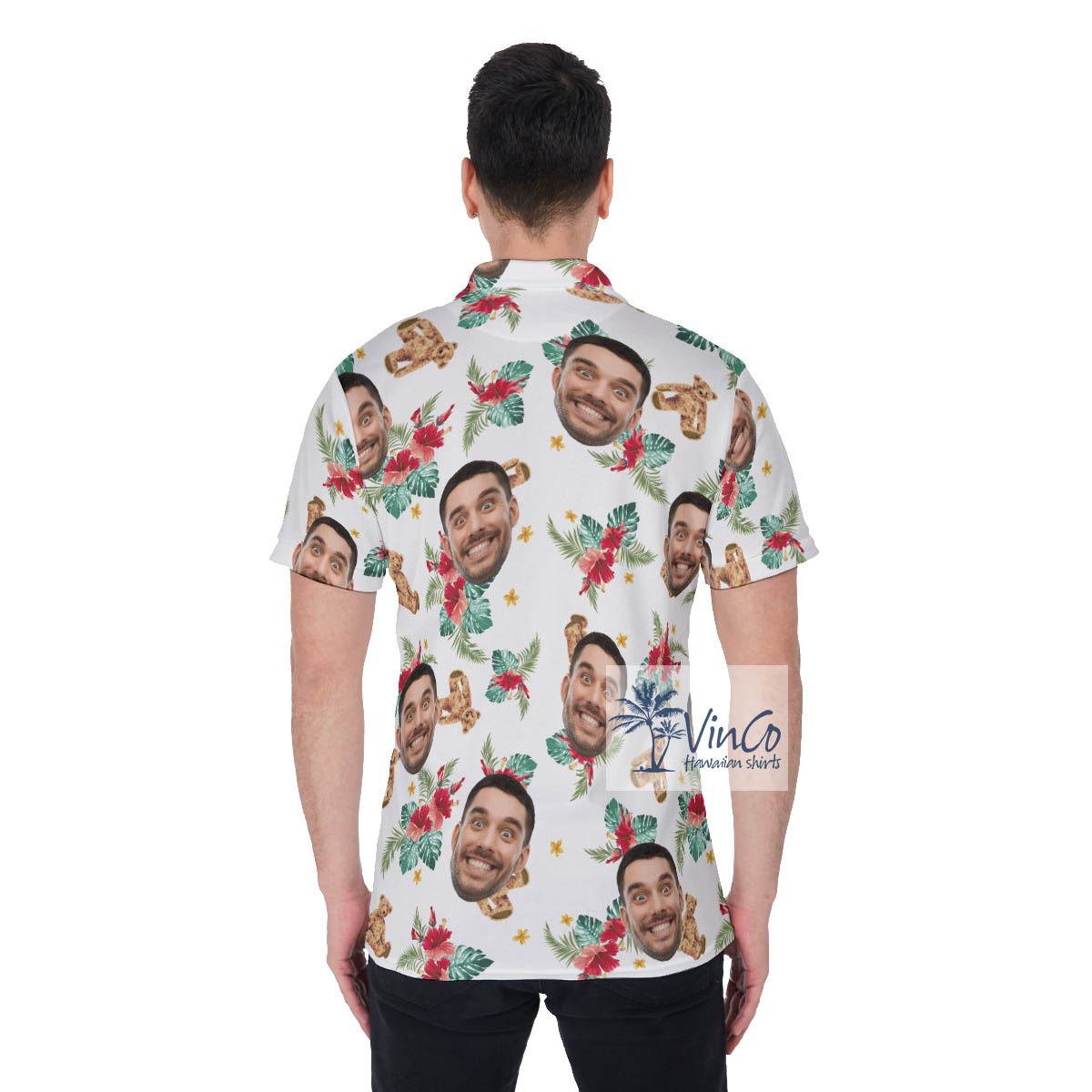 Cute Bear Hibiscus Custom Face Hawaiian Polo Shirt For Men