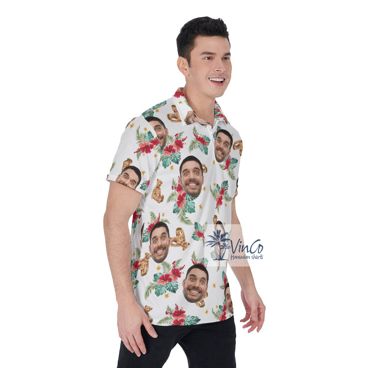 Cute Bear Hibiscus Custom Face Hawaiian Polo Shirt For Men