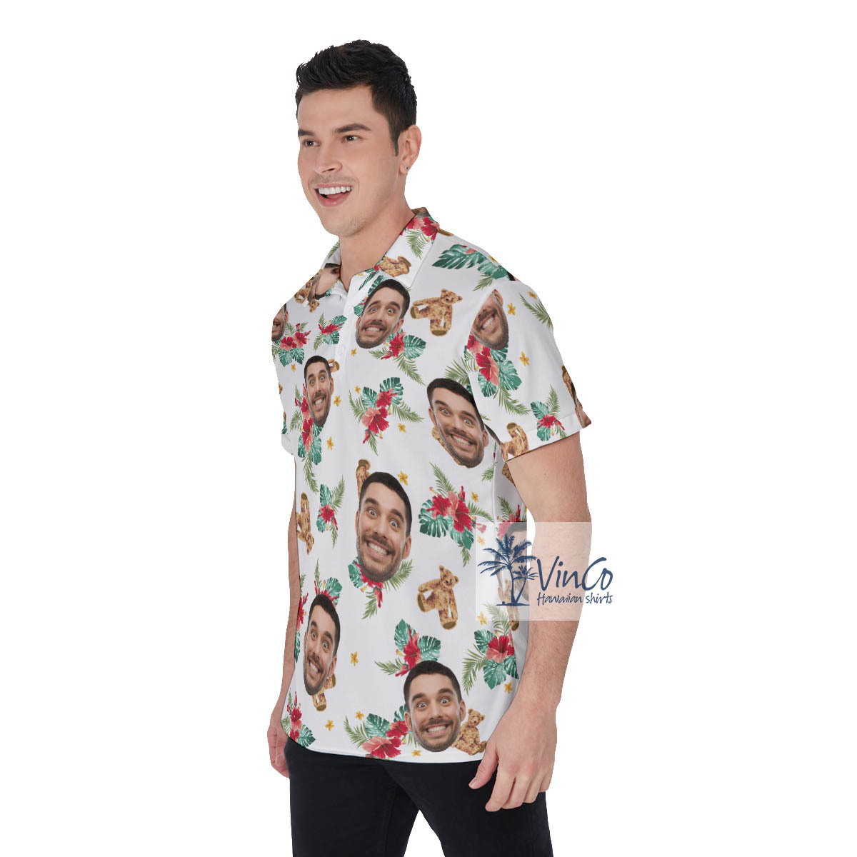 Cute Bear Hibiscus Custom Face Hawaiian Polo Shirt For Men