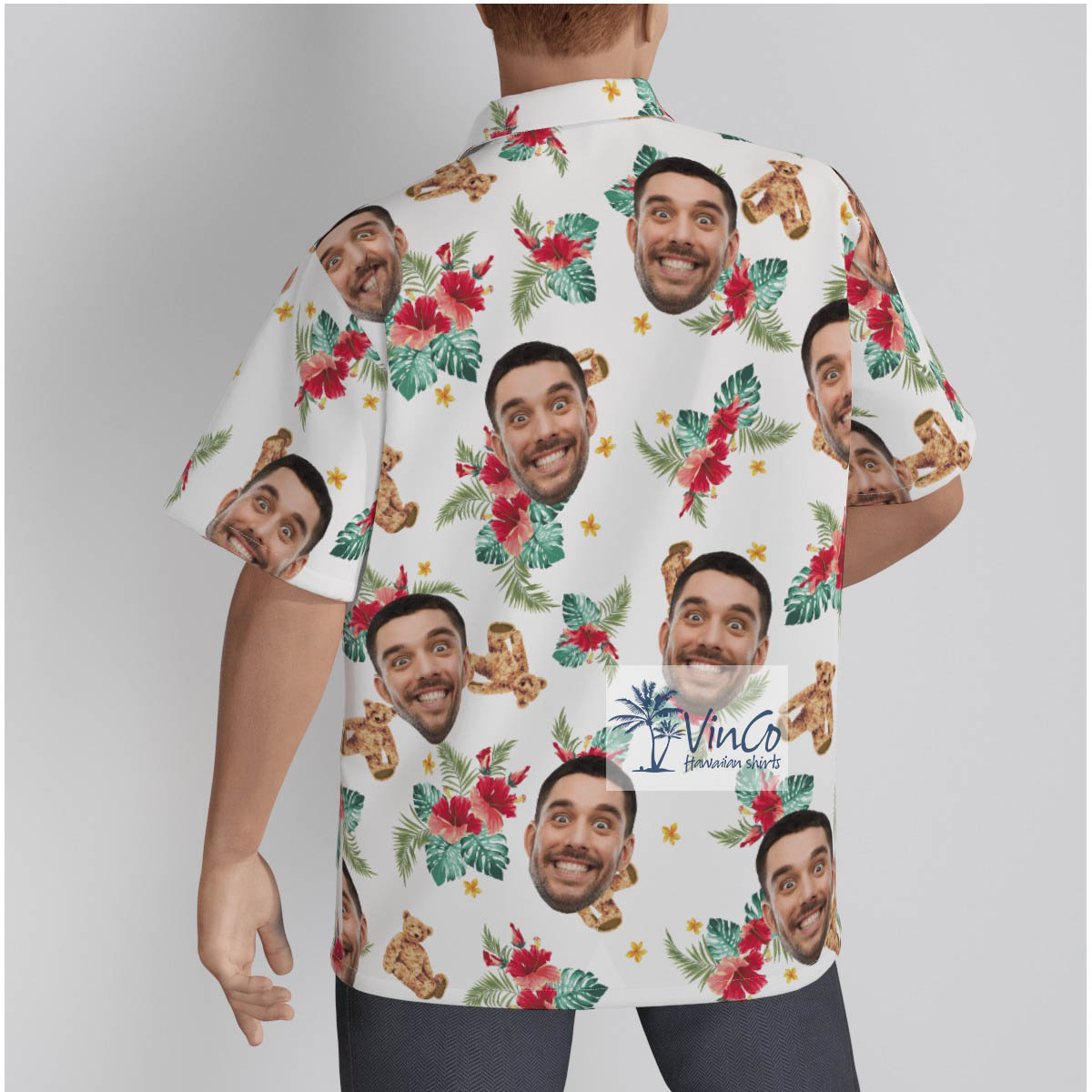 Custom Face Cute Bear Hibiscus Hawaiian Shirt