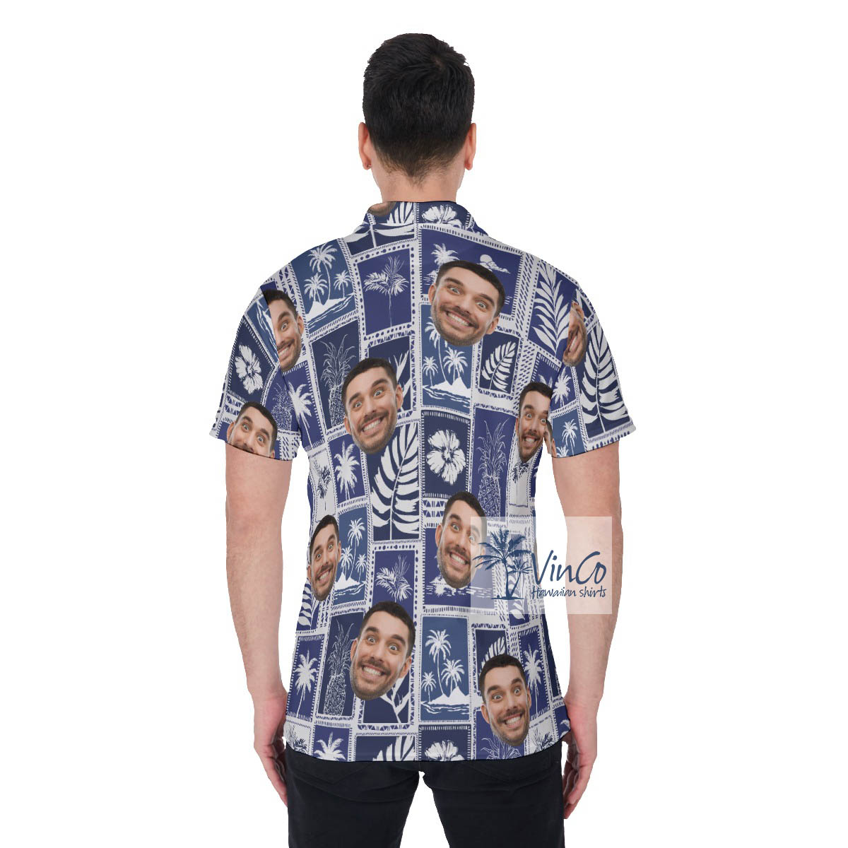 Custom Tropical Palm Trees Blue Hawaiian Polo Shirt With Face