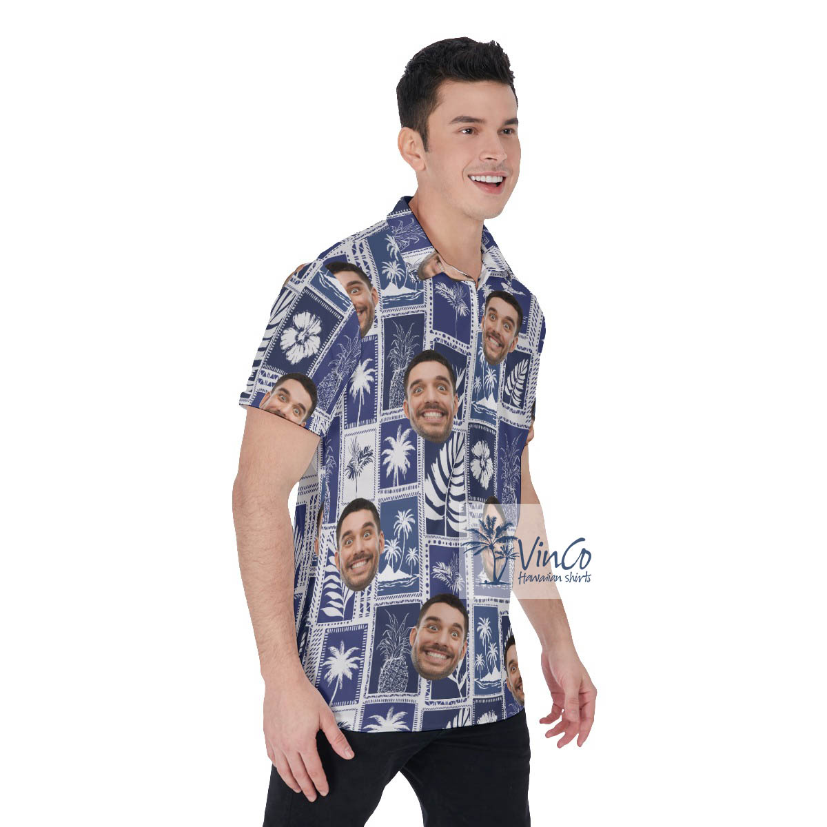Custom Tropical Palm Trees Blue Hawaiian Polo Shirt With Face