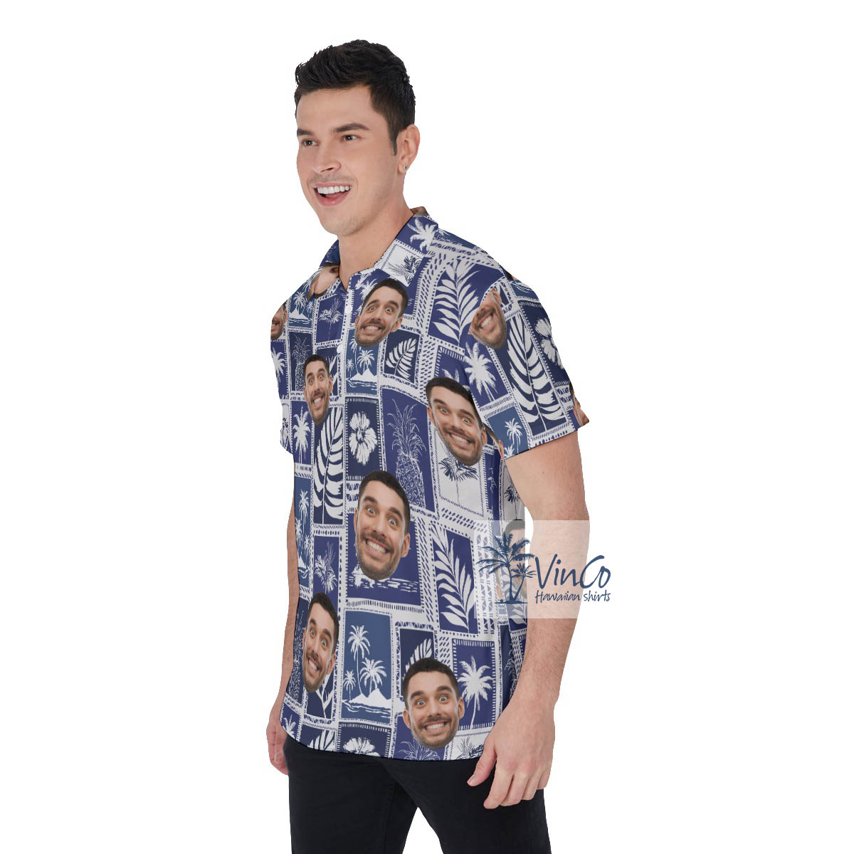 Custom Tropical Palm Trees Blue Hawaiian Polo Shirt With Face