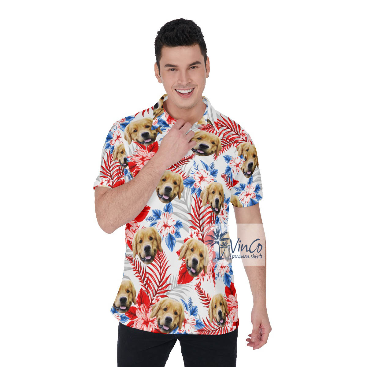 Tropical Hibiscus Hawaiian Polo Shirt With Custom Dog Face - variant image 1