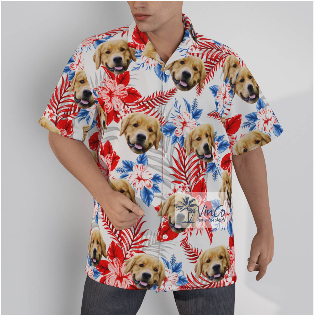 Funny Custom Dog Face Hibiscus Men's Hawaiian Shirt - variant image 1