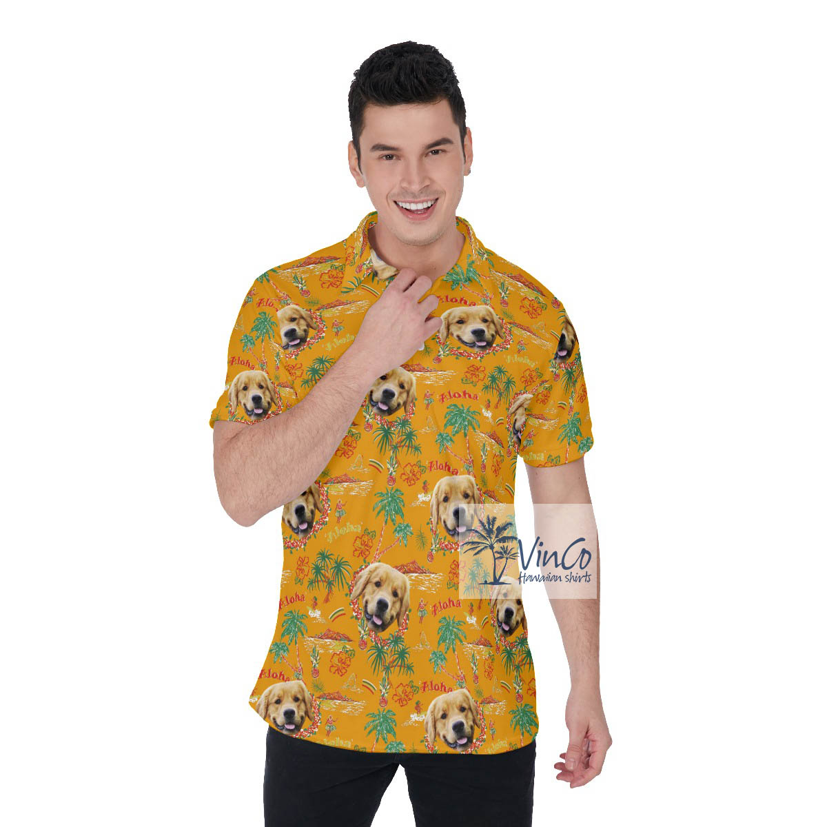 Custom Vintage Tropical Hula Girl Hawaiian Polo Shirt With Dog Face - variant image 1