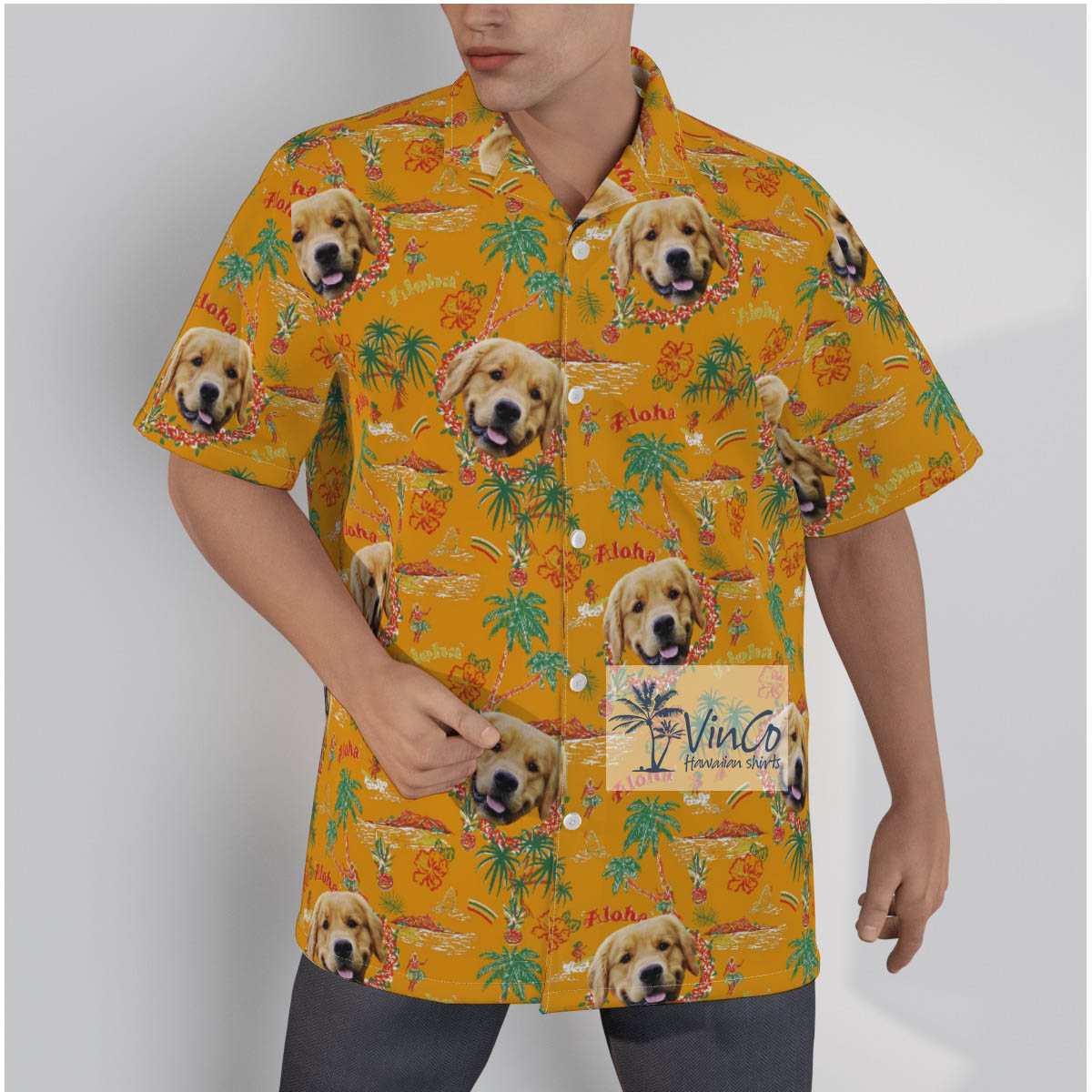 Custom Dog Face Vintage Tropical Island Yellow Hawaiian Shirt - variant image 1