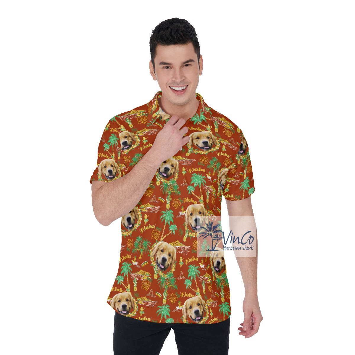 Tropical Island Custom Dog Face Vintage Hawaiian Polo Shirt - variant image 1
