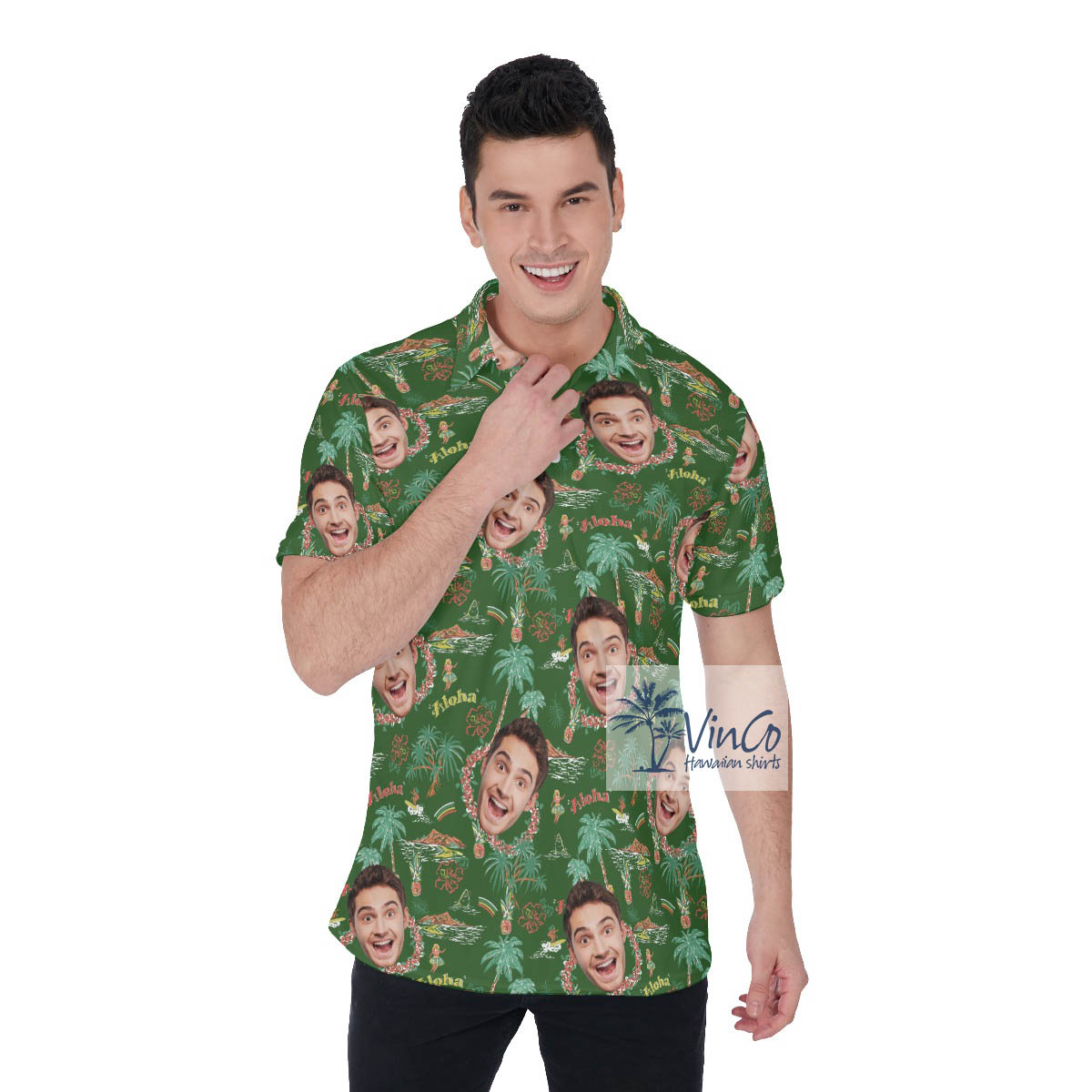 Custom Face Hula Girl Tropical Green Hawaiian Golf Shirt - variant image 1