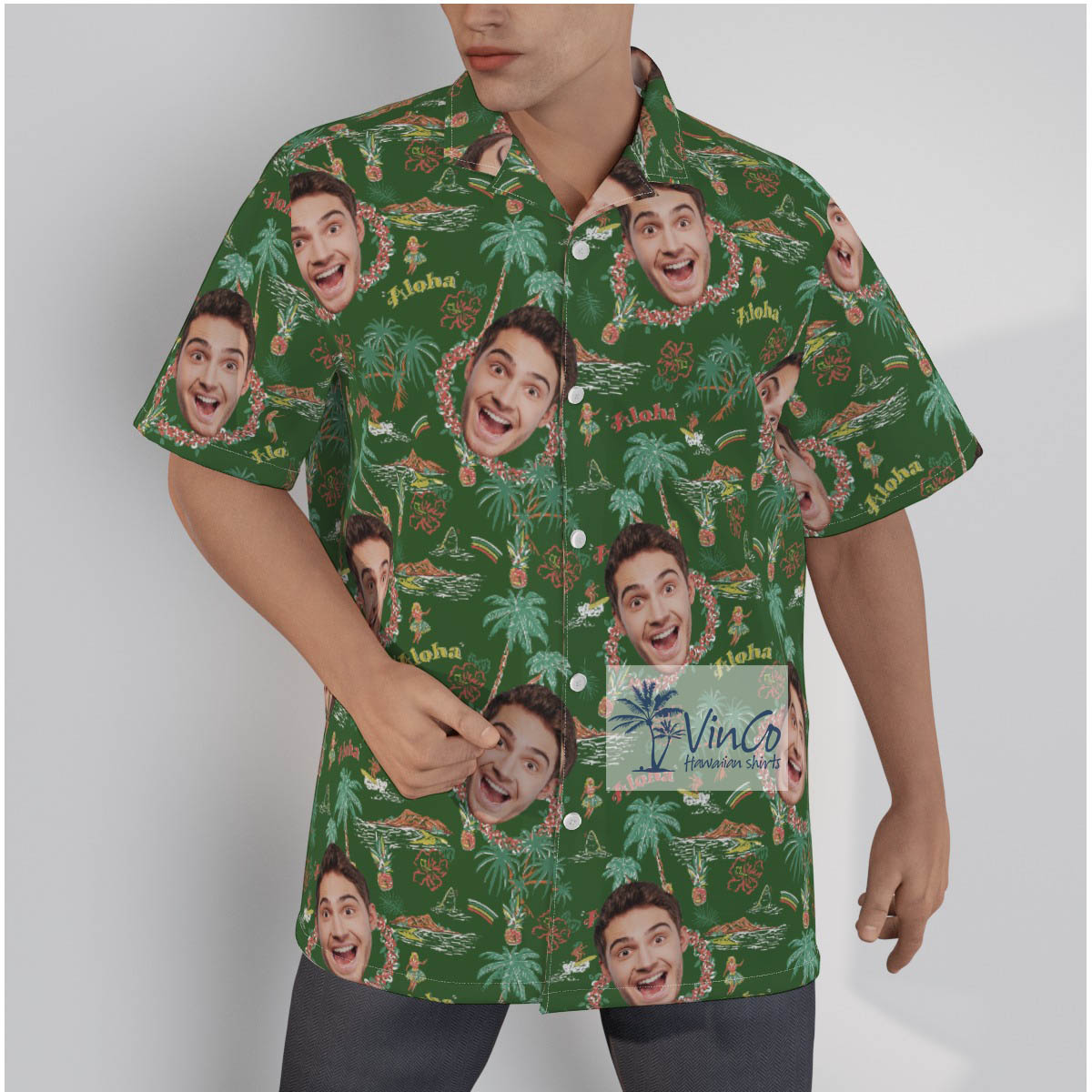 Tropical Island Hula Girl Custom Face Green Hawaiian Shirt - variant image 1