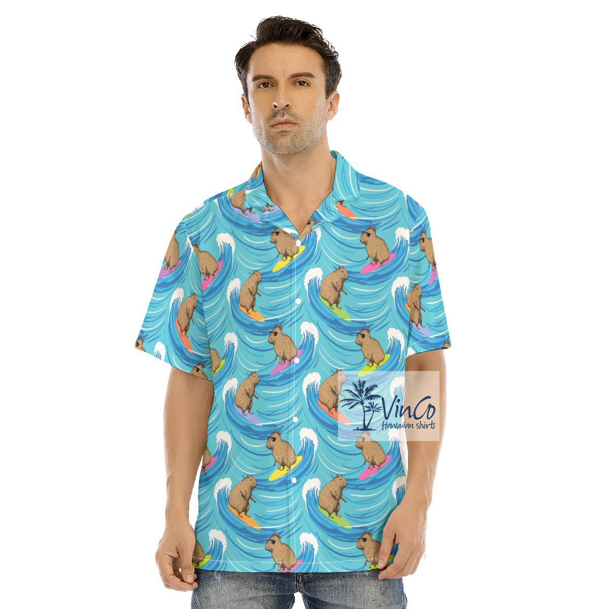 Funny Capybara Surfing Men's Hawaiian Shirt - variant image 1