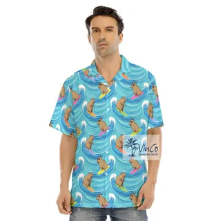 Funny Capybara Surfing Men's Hawaiian Shirt