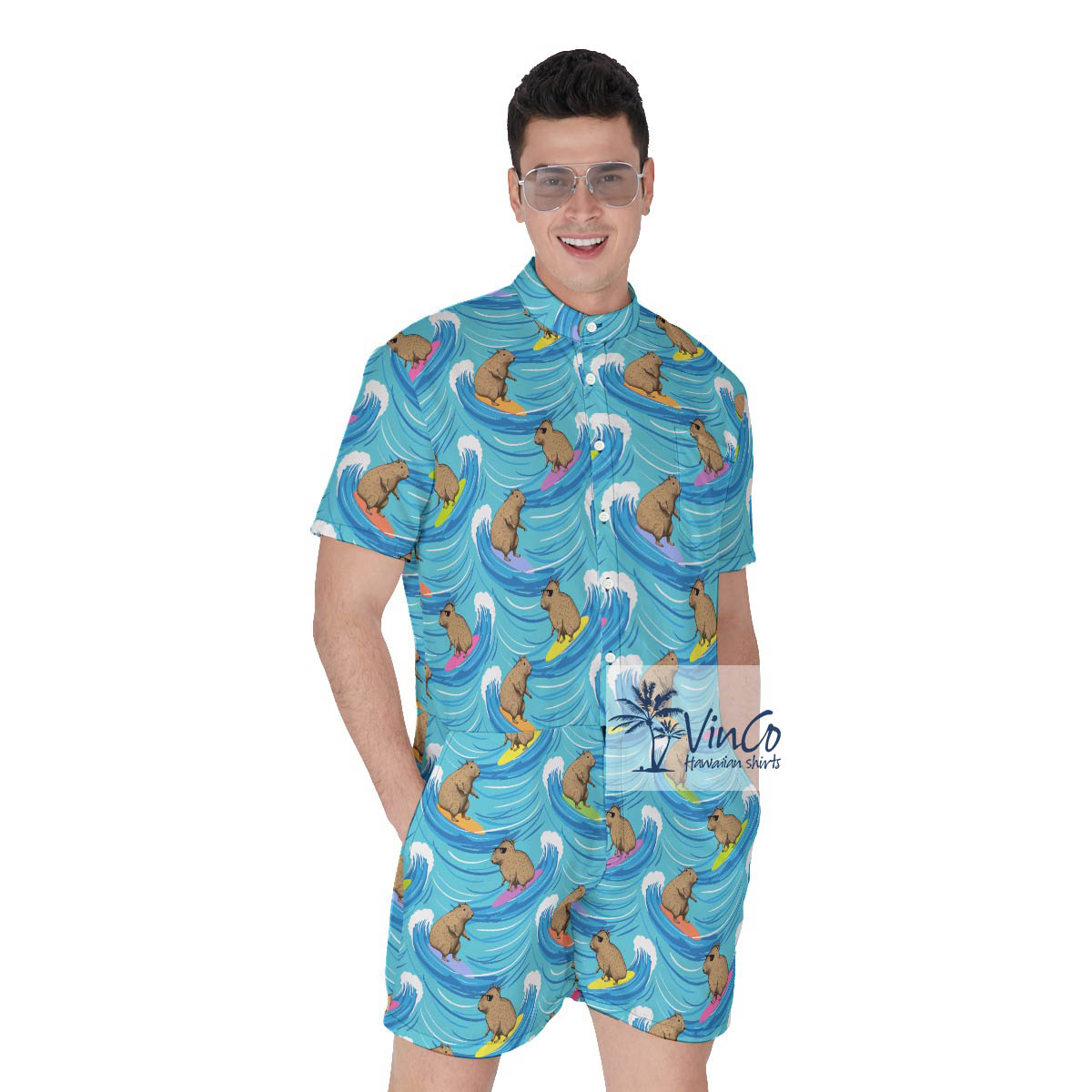 Capybara Surfing Summer Romper For Men - variant image 1