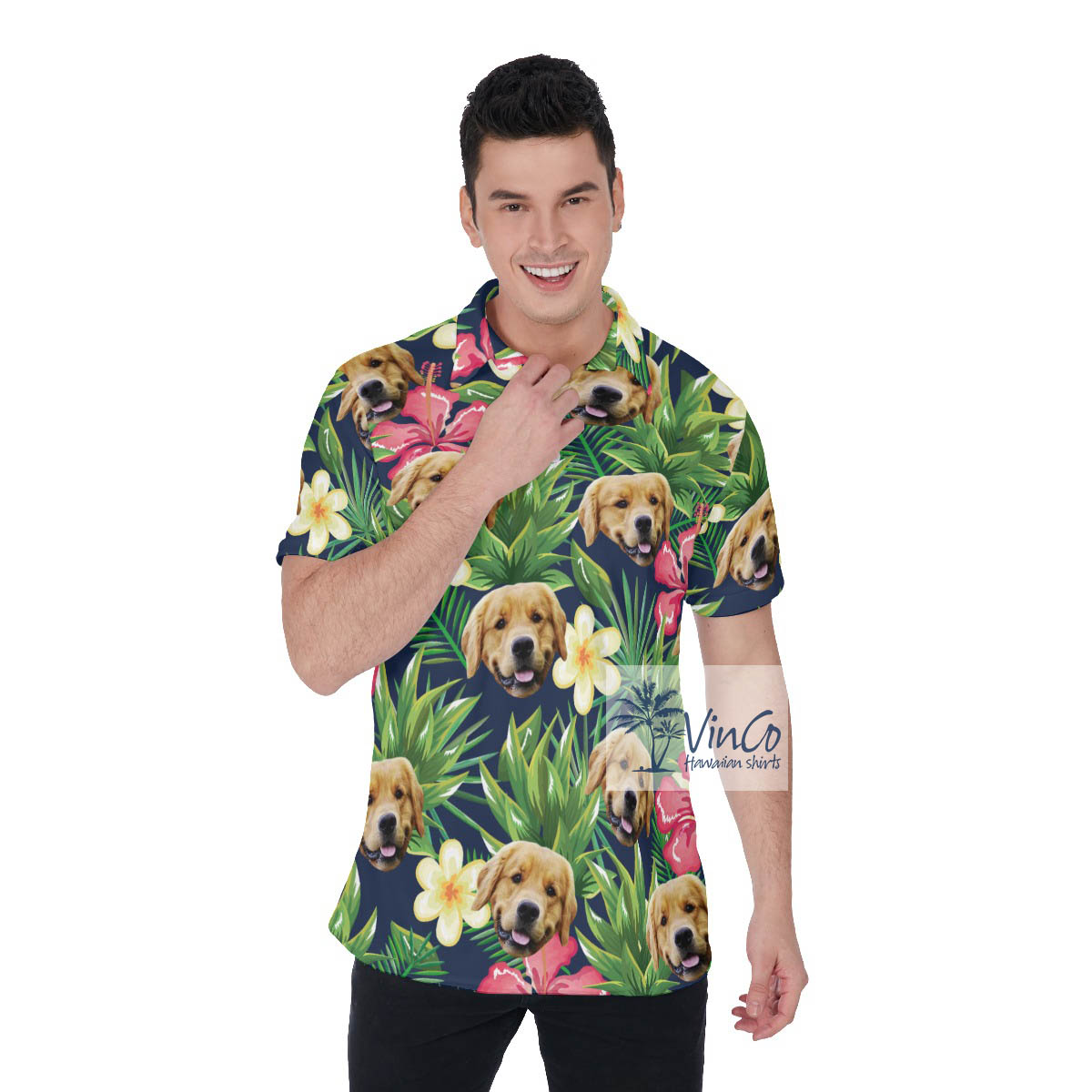 Funny Custom Dog Face Tropical Green Golf Shirt For Men - variant image 1
